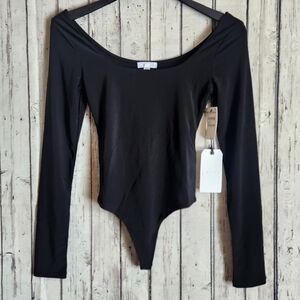 Leith Double Scoop Long Sleeve Thong Bodysuit Black XS